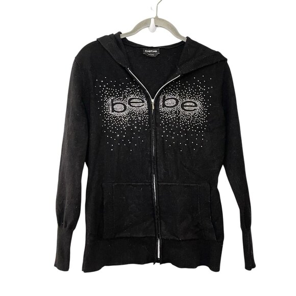 VTG Bebe Y2K Rhinestone L Full Zip Hoody Sweater Soft Stretch Logo Black Viscose - Picture 1 of 5